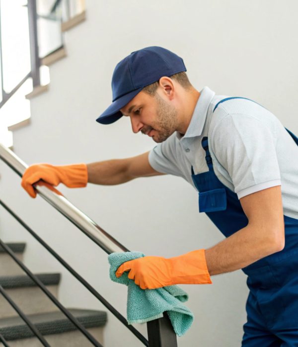 Professional cleaning service provider polishing staircase handle | expert office cleaner action in building interior