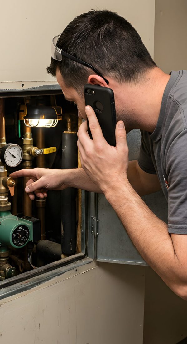 professional plumber or technician inspecting home heating system water pipes and pressure gauge while talking on mobile phone for maintenance repair and service consultation