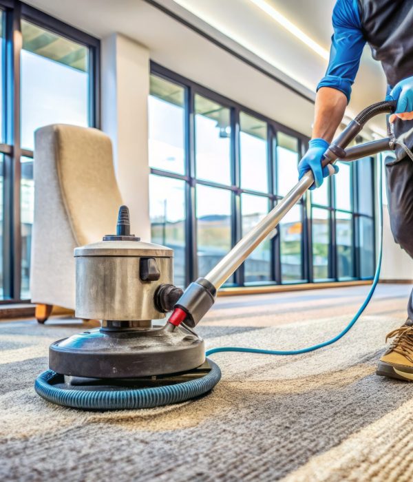 Professional-grade cleaning equipment and solutions are used to deeply sanitize and restore a dirty, high-traffic commercial carpet to its original vibrant state of cleanliness.